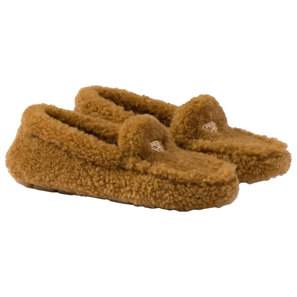 PRADA logo shearling driving shoes loafers flats